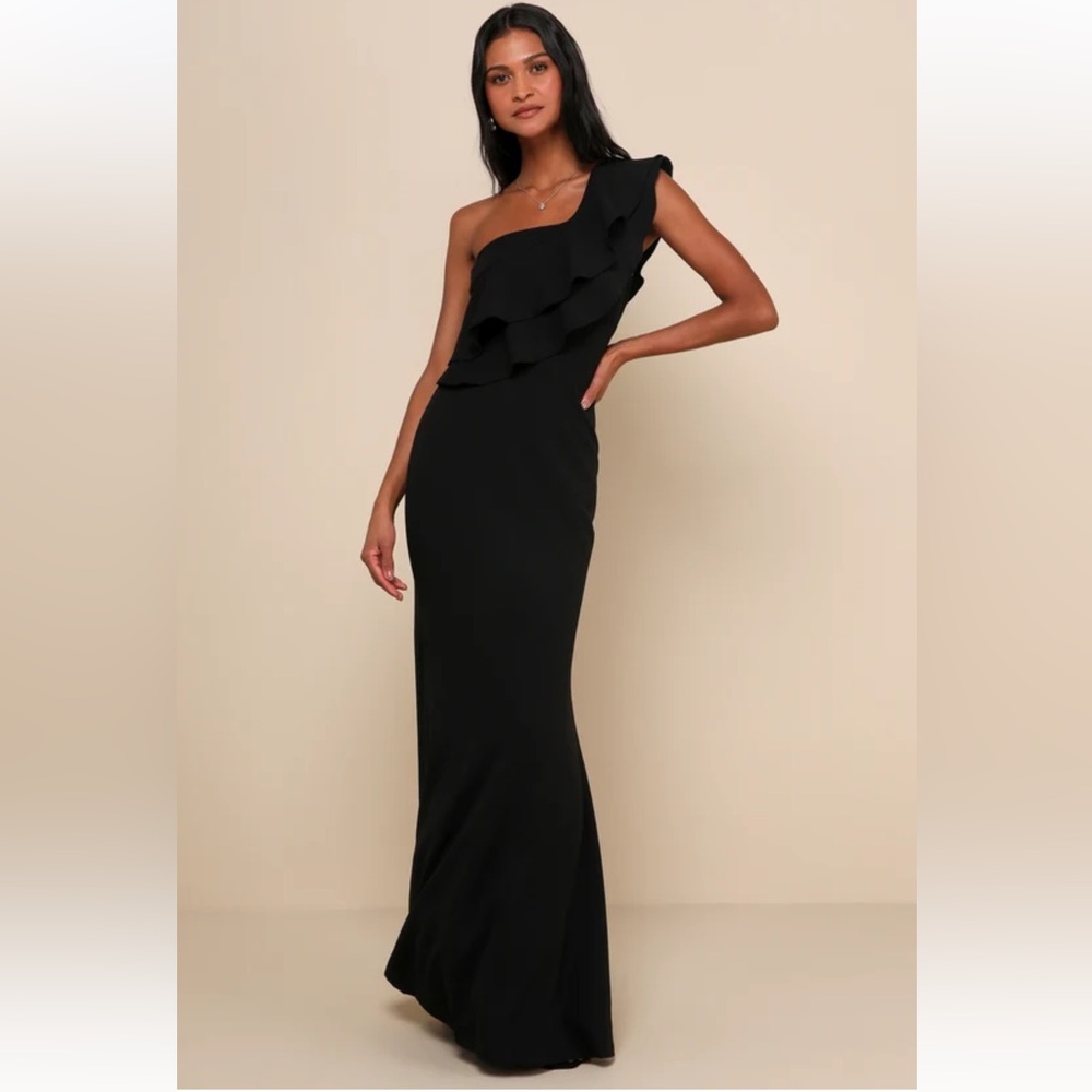 Lulus Grand Beauty Black Ruffled One-Shoulder Mermaid Maxi Dress